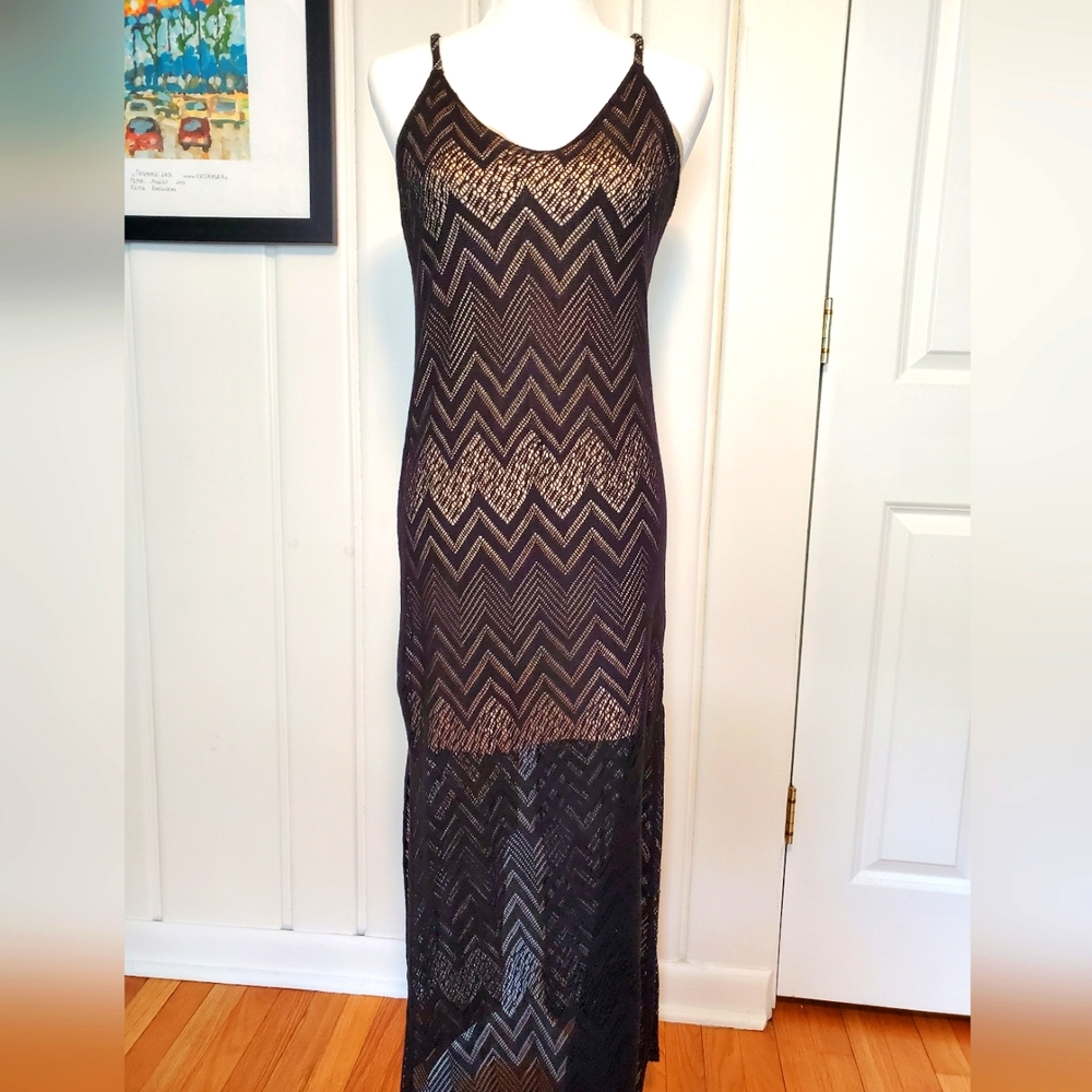 Audrey 3+1 Black Crochet Lace Sheer Maxi Dress Size S